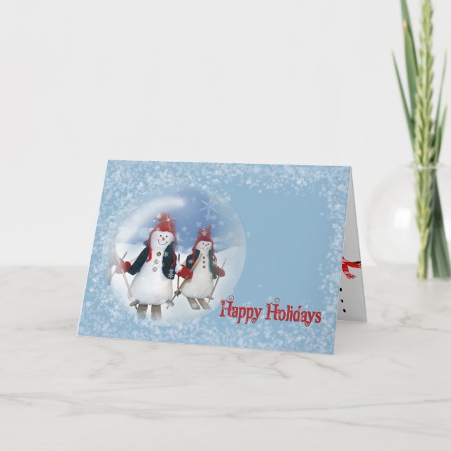 snowman on skis in snow globe card (Front)
