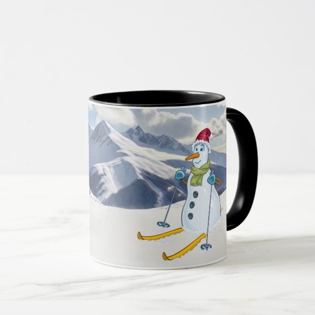Snowman on Skis in snowy mountains Personalize Mug (Front Right)