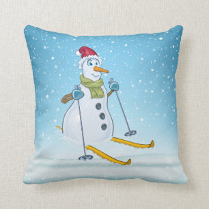 Snowman on Skis Throw Pillow