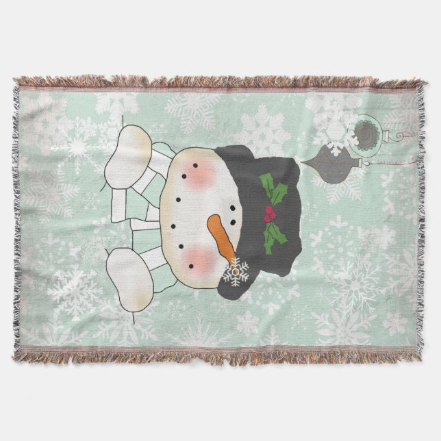Snowman on Soft Blue Snowflake Holiday Throw Blanket (Front)