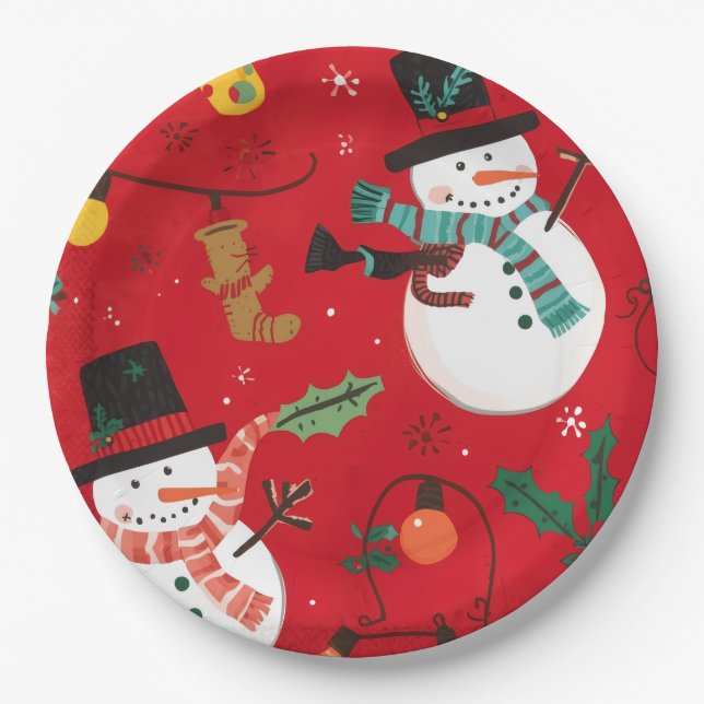 Snowman paper plate red (Front)