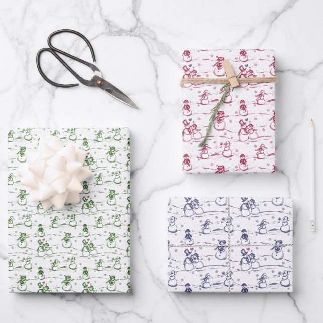 Snowman parade toile - blue green red wrapping paper sheet (Front)