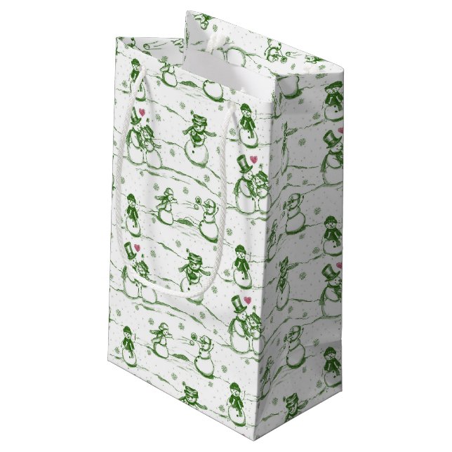 Snowman parade toile - green small gift bag (Back Angled)