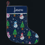 Snowman pattern with Christmas trees custom  Small Christmas Stocking<br><div class="desc">This is cute personalized white Snowmen pattern in blue,  red and pink  with colourful Christmas trees and little snowflakes on dark blue background. It's has a custom name that you can change easily by clicking on personalize template.</div>