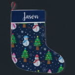 Snowman pattern with Christmas trees custom  Small Christmas Stocking<br><div class="desc">This is cute personalized white Snowmen pattern in blue,  red and pink  with colourful Christmas trees and little snowflakes on dark blue background. It's has a custom name that you can change easily by clicking on personalize template.</div>