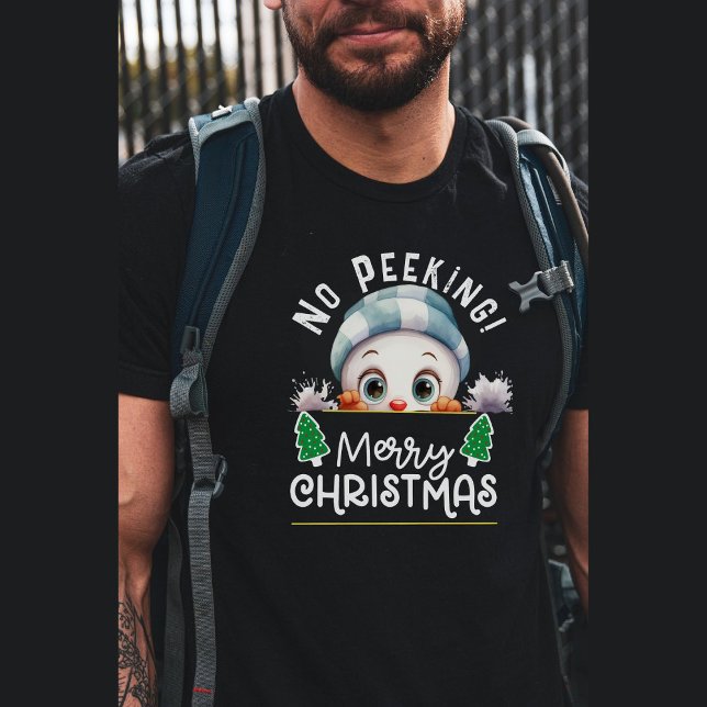 Snowman Peeking Between Christmas Tree T-Shirt (Funny peeking snowman t-shirt unisex)
