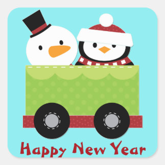 Snowman Penguin Train Car Christmas Square Sticker