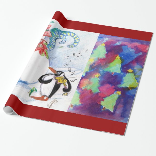 SNOWMAN,PENGUIN'S SERENADE AND COLORFUL XMAS TREES WRAPPING PAPER (Unrolled)