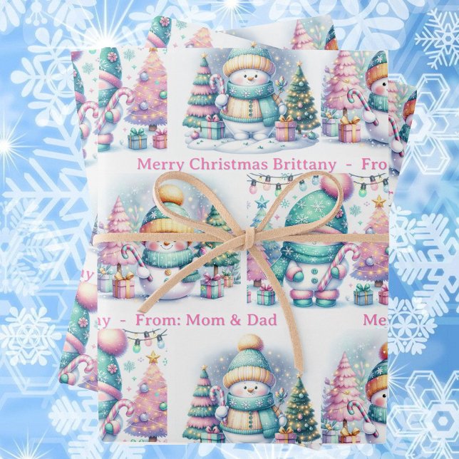 Snowman Personalize Pink Name Girl's Christmas 3 Wrapping Paper Sheet (Creator Uploaded)