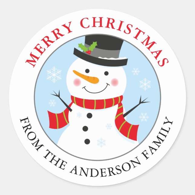Snowman Personalized Holiday Sticker Round (Front)