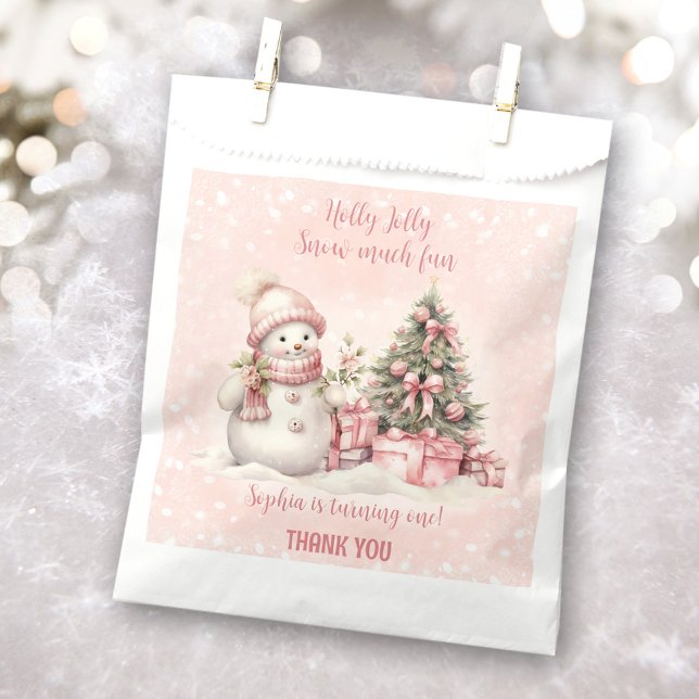 Snowman Pink Christmas 1st Birthday Favour Bags (Snowman Pink Christmas 1st Birthday Favor Bags)