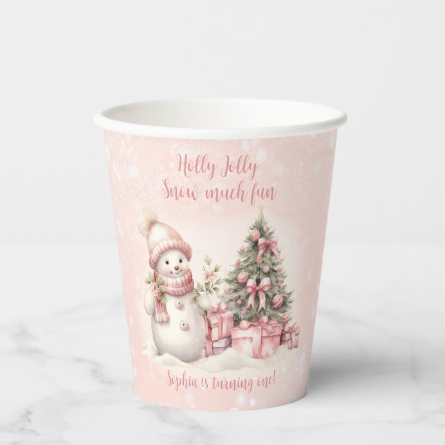 Snowman Pink Christmas 1st Birthday Paper Cups (Front)