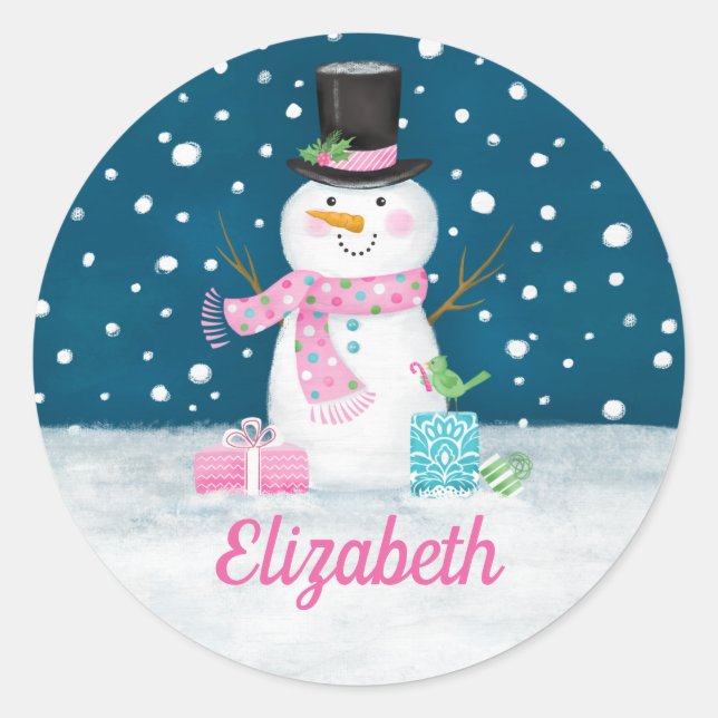 Snowman Pink Cute Personalized Christmas Holiday Classic Round Sticker (Front)