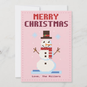 Snowman Pink Pixel Art Christmas Card