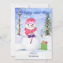 Snowman pink scarf candy-cane Happy snow days 