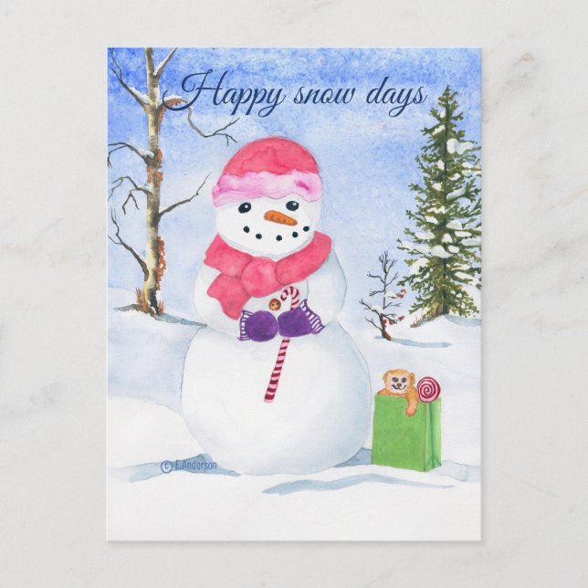 Snowman pink scarf candy-cane Happy snow days  Postcard (Front)