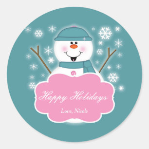 Snowman Pink & Teal Christmas Holiday Sticker