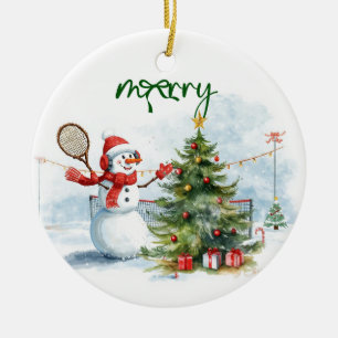 Snowman play tennis Christmas watercolor      Ceramic Ornament