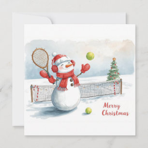 Snowman play tennis Christmas watercolor      Holiday Card