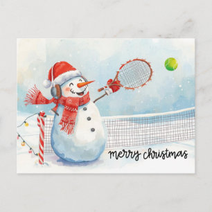 Snowman play tennis Christmas watercolor Holiday Postcard