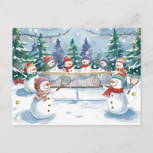 Snowman play tennis Christmas watercolor Holiday Postcard