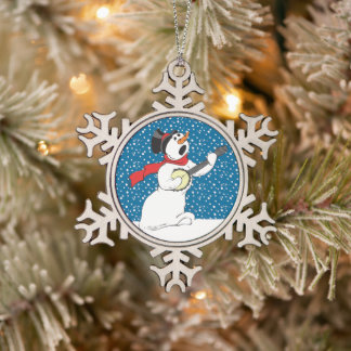 Snowman Playing A Banjo Snowflake Pewter Christmas Ornament