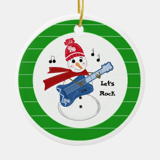 Snowman Playing Electric Rock Guitar Ceramic Ornament (Front)