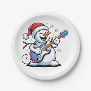 Snowman Playing Guitar Electric Rock Christmas Paper Plate