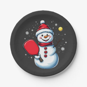 Snowman Playing Pickleball Sport Christmas Lover Paper Plate