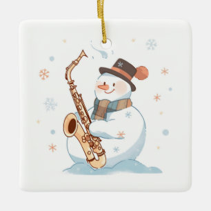 Snowman Playing the Saxophone Ceramic Ornament