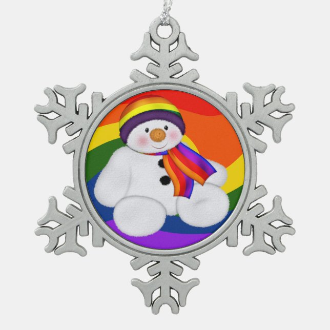Snowman Pride Snowflake Pewter Christmas Ornament (Front)