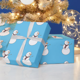 Snowman Print Blue Wrapping Paper For Christmas