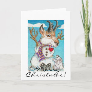Snowman Pronghorn Antelope and Bunny Holiday Card