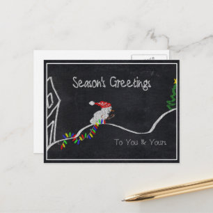 Snowman Pulling Xmas Lights to Christmas Tree Holiday Postcard