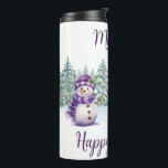 Snowman Purple Christmas Carrot Nose Scarf Winter Thermal Tumbler<br><div class="desc">This Snowman Purple Christmas Carrot Nose Scarf Winter Thermal Tumbler is the perfect winter accessory to keep your drinks and spirits bright. This unique tumbler features a charming snowman design with a playful carrot nose with purple hat and scarf in front of a snow covered winter forest scene adding a...</div>
