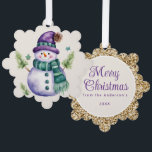 Snowman Purple Gold Green Merry Christmas Greeting Ornament Card<br><div class="desc">Purple and gold Christmas ornament/greeting with a cute snowman wearing a purple hat and green scarf. Personalize the back with your greeting and any other text you choose. Contact me for assistance with your customizations or to request additional matching or coordinating products.</div>