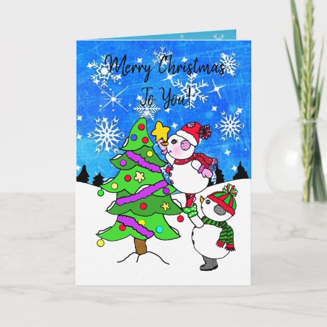 Snowman putting star on Christmas Tree Card (Front)