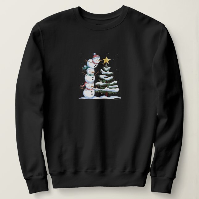 "Snowman Pyramid Decorating the Christmas Tree" Sweatshirt (Design Front)