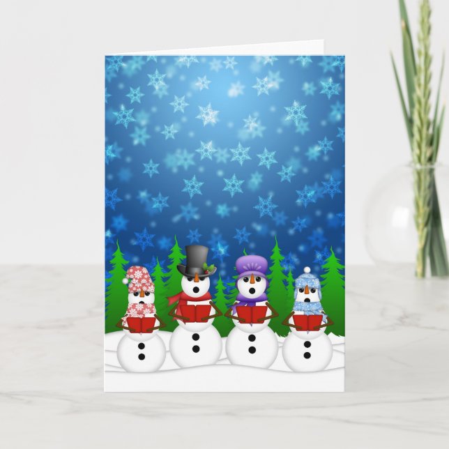 Snowman Quartet Caroler Singing Snowy Night Poster Holiday Card (Front)