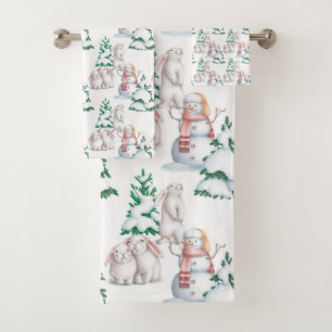 Snowman Rabbits Trees Snow Watercolor Christmas  Bath Towel Set