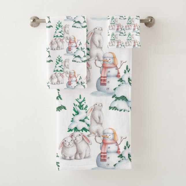 Snowman Rabbits Trees Snow Watercolor Christmas  Bath Towel Set (Insitu)