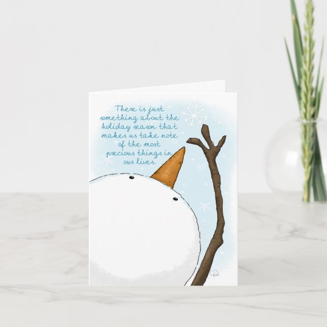 Snowman Reaches for Snowflake Precious Things Holiday Card (Front)