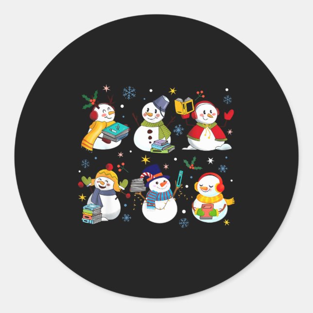 Snowman Reading Books Teacher Christmas Librarian  Classic Round Sticker (Front)