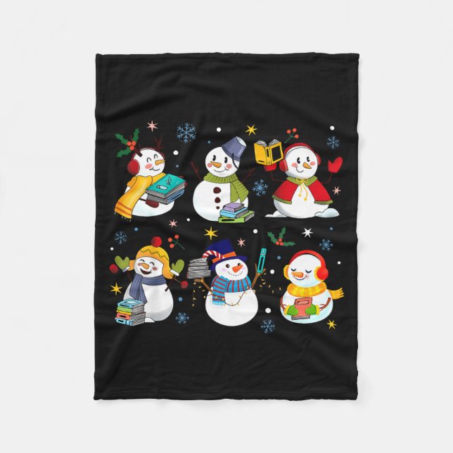 Snowman Reading Books Teacher Christmas Librarian  Fleece Blanket (Front)