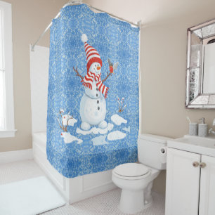 Snowman Red Bird Christmas Bathroom Tub Shower Cur