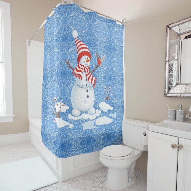 Snowman Red Bird Christmas Bathroom Tub Shower Cur (In Situ)