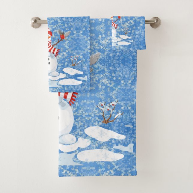 Snowman & Red Bird Christmas Guest Bathroom Bath T Bath Towel Set (Insitu)