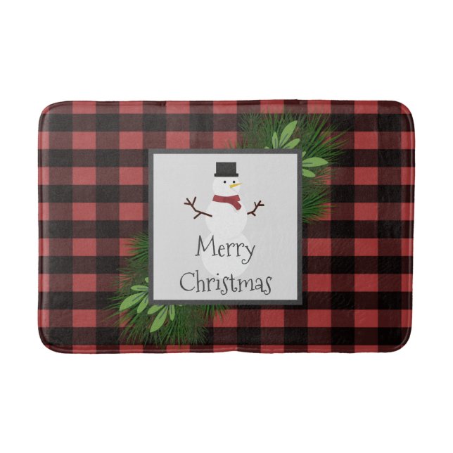 Snowman Red Buffalo Plaid Bath Mat (Front)