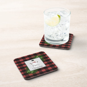 Snowman Red Buffalo Plaid Plastic Coaster