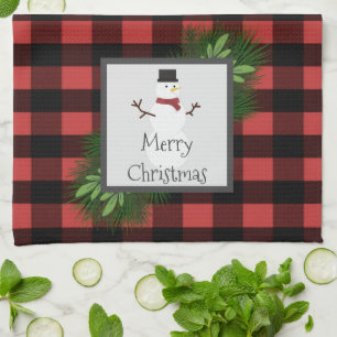 Snowman Red Buffalo Plaid Serviette de cuisine